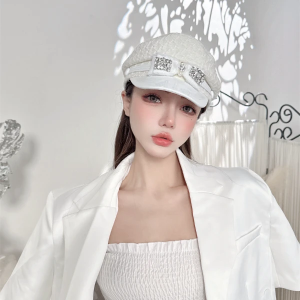 CREAMPP 原创设计90羊毛香风薄呢拼皮船长帽气质按钻蝴蝶结海军帽