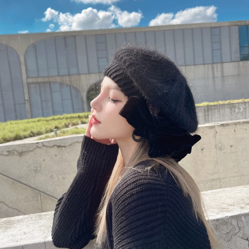 CREAMPP 原创设计低调厚兔毛针织大圆面贝雷帽丝绒花朵保暖画家帽