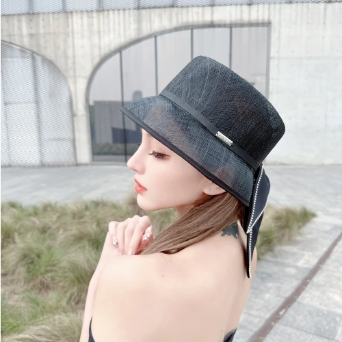 CREAMPP  黑色麻纱大蝴蝶结盆帽 原创麻纱透气水钻蝴蝶结时装帽