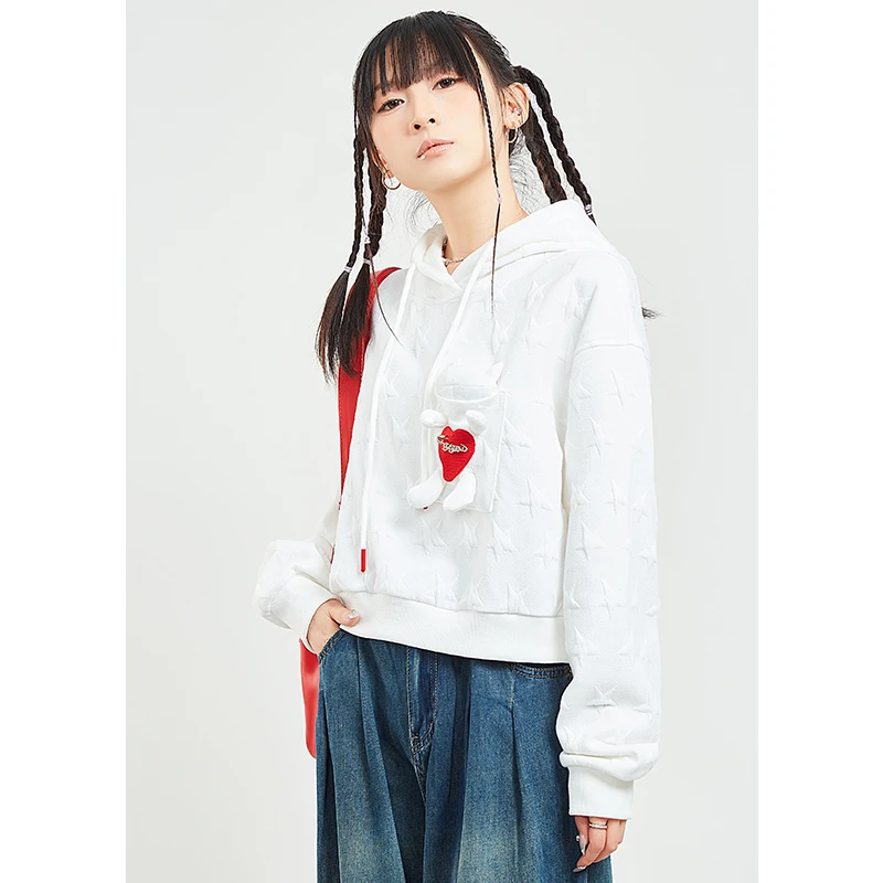 商场同款木果果木2023新款小众肌理感卡通短款连帽卫衣女