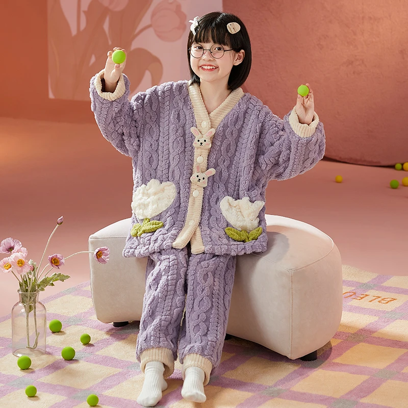 bejirog/北极绒秋冬季珊瑚绒女童可爱开衫中大童家居服睡衣套装