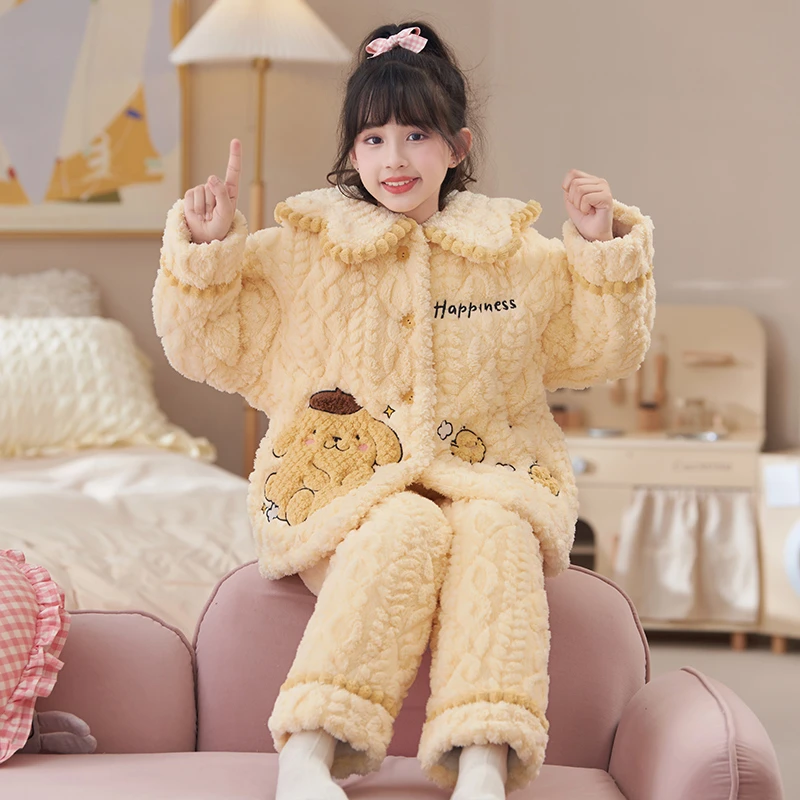 bejirog/北极绒时尚翻领女大童冬季珊瑚绒三层夹棉加厚款保暖睡衣