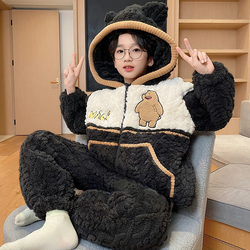 bejirog/北极绒男童冬季2025新品珊瑚绒三层夹棉时尚连帽睡衣套装