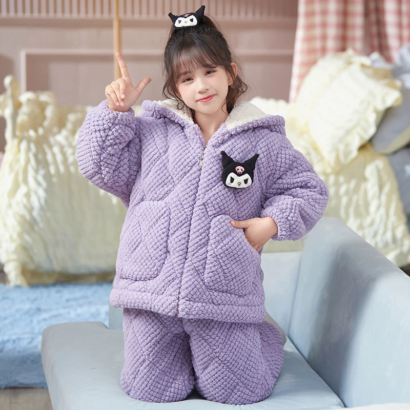 bejirog/北极绒卡通连帽珊瑚绒女童三层夹棉保暖睡衣冬款家居服