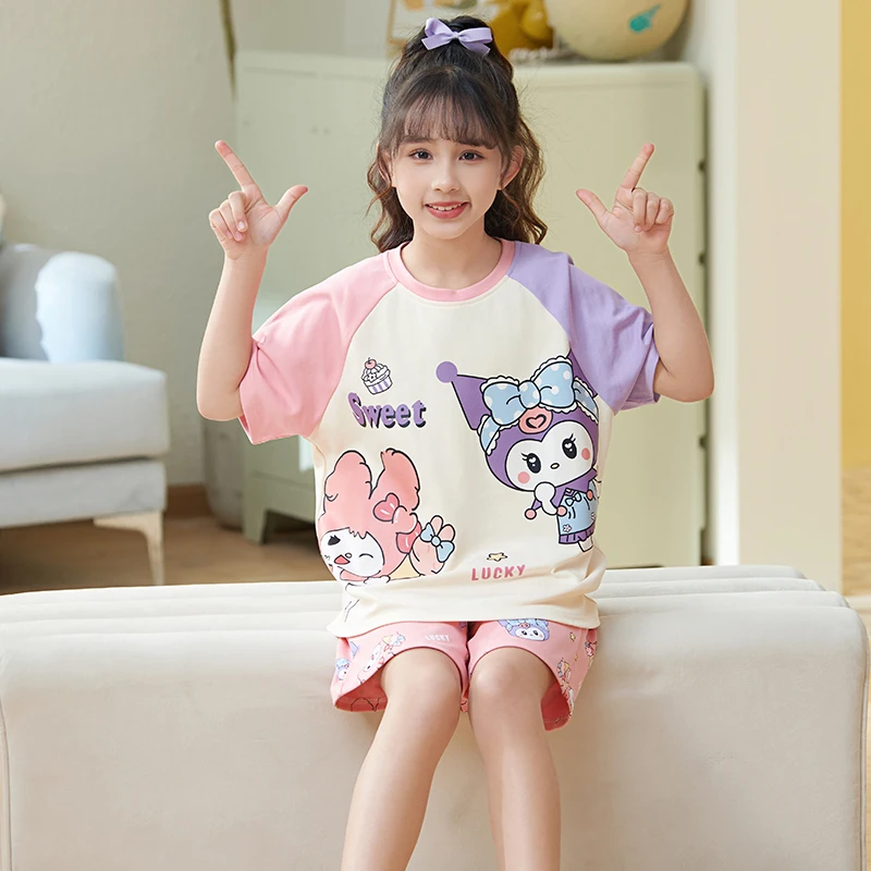 bejirog/北极绒2025夏季小女孩睡衣中大童短袖纯棉卡通圆领家居服