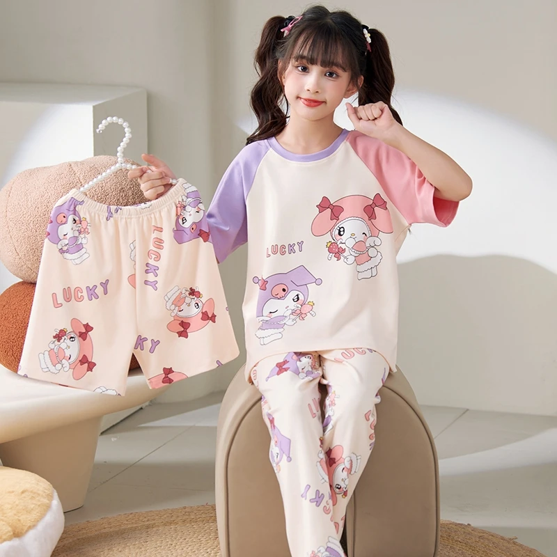 bejirog/北极绒女童休闲甜美风居家睡衣儿童纯棉薄款空调服三件套