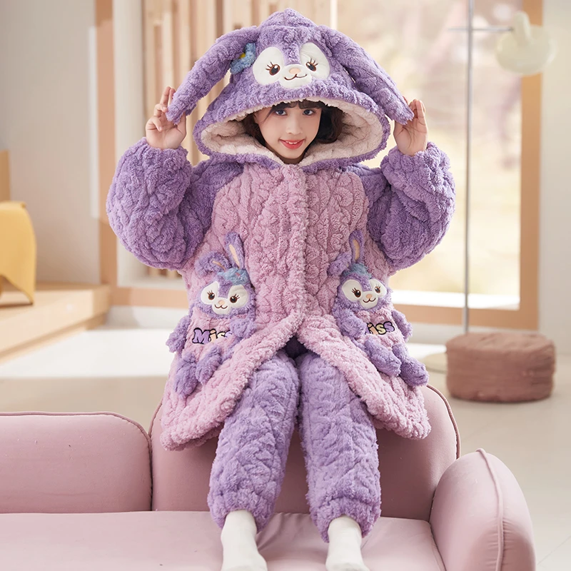 bejirog/北极绒女童加厚珊瑚绒三层夹棉长袖开衫款睡袍家居服大童