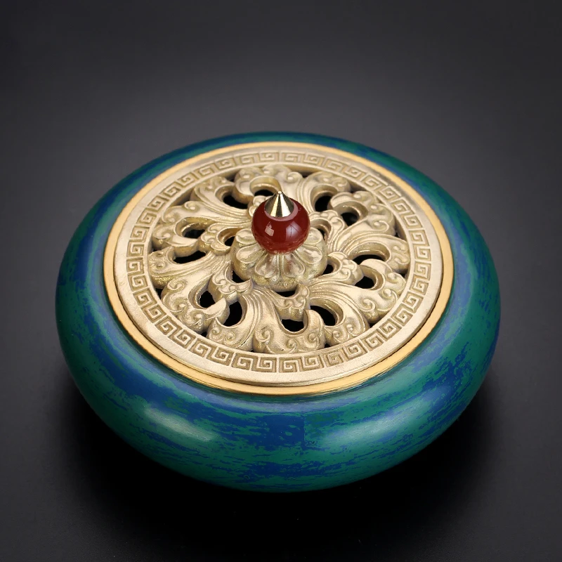 大漆香炉黄铜家用室内盘香塔香檀香炉手工着色中式茶桌香篆炉摆件