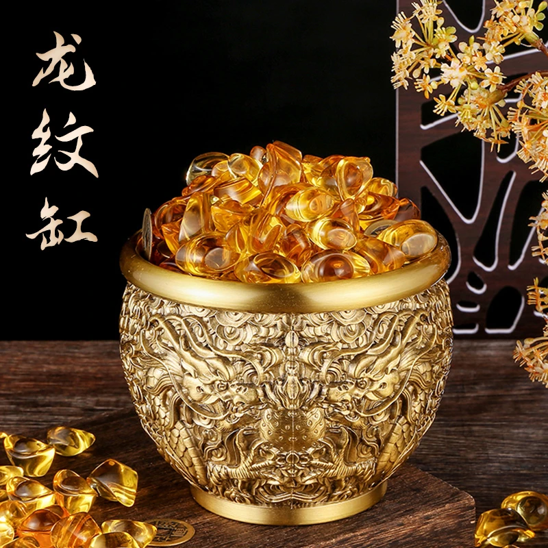 黄铜缸开业礼复古龙纹缸古典办公居家创意工艺桌面炉摆件中式礼品