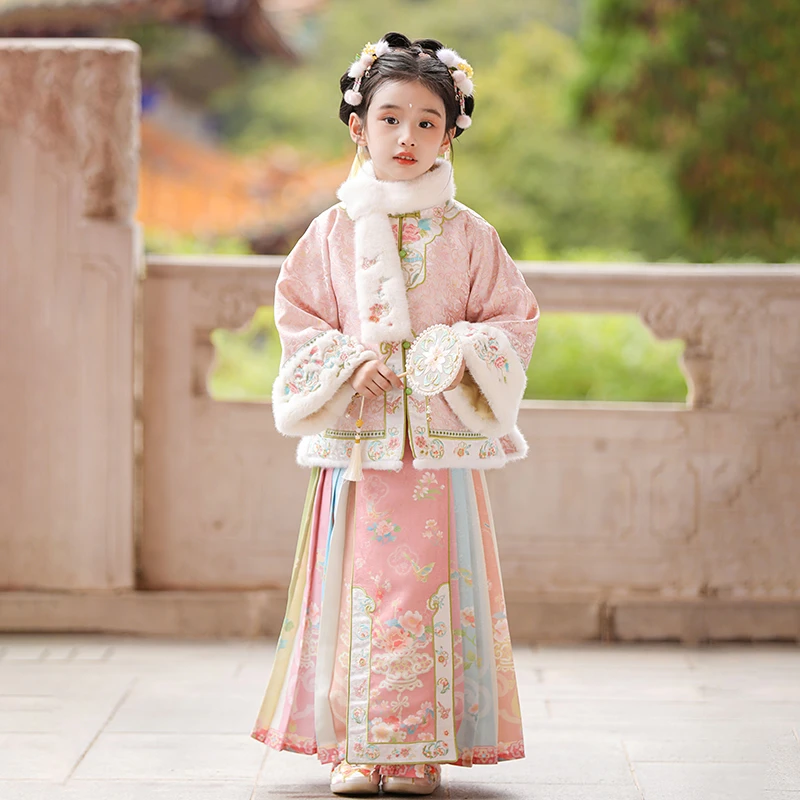 汉服女童冬季古风高端马面裙超仙刺绣襦裙儿童新中式改良旗袍套装