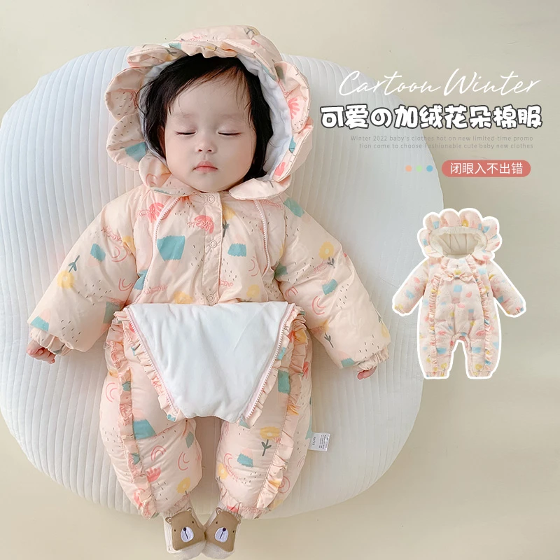 新生儿棉服女宝宝冬装连体衣幼儿加绒加厚公主外出服婴儿冬季抱衣