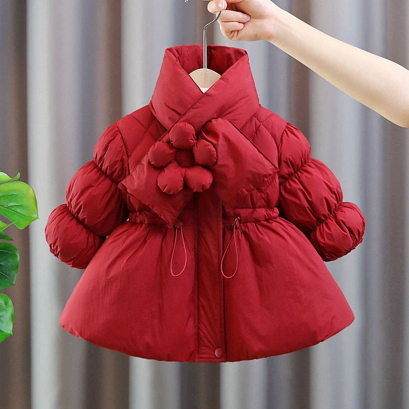 女童加厚羽绒服2023宝宝加厚外套红色喜庆年服中长款围巾领白鸭绒