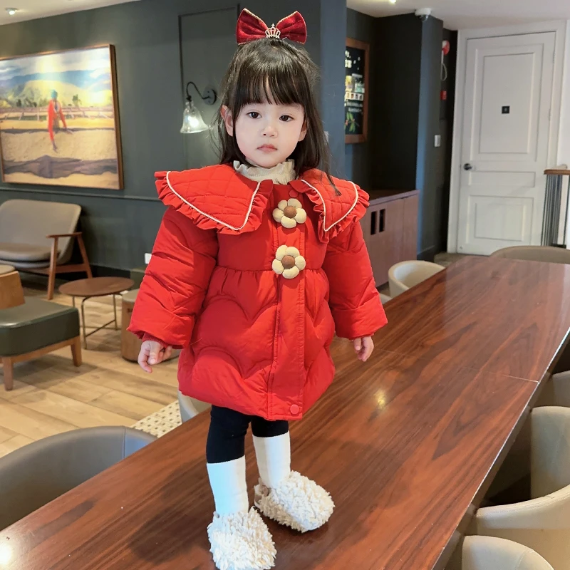 M180儿童棉衣外套女童洋气宝宝加厚冬季棉服公主红色中长款外衣潮
