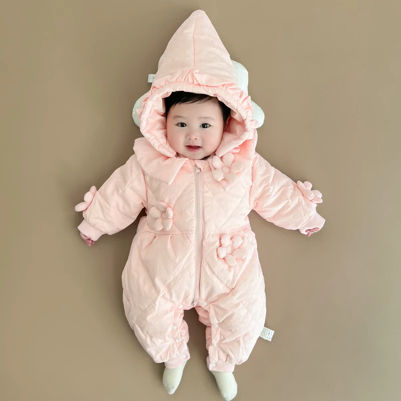 婴儿冬装连体衣超萌加绒加厚棉服女宝宝洋气公主外出抱衣冬季爬服