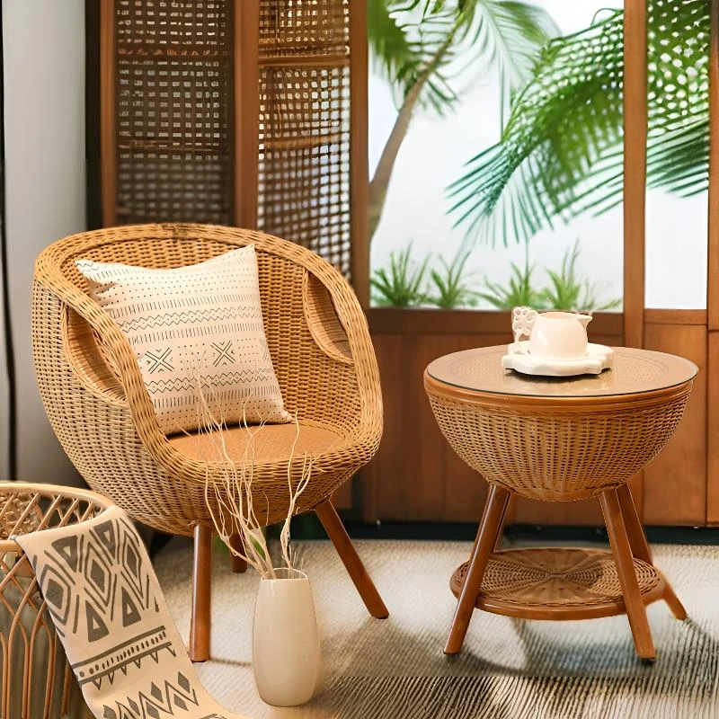 天然藤椅阳台单把小桌椅单人庭院民宿真藤编织靠背沙发椅子