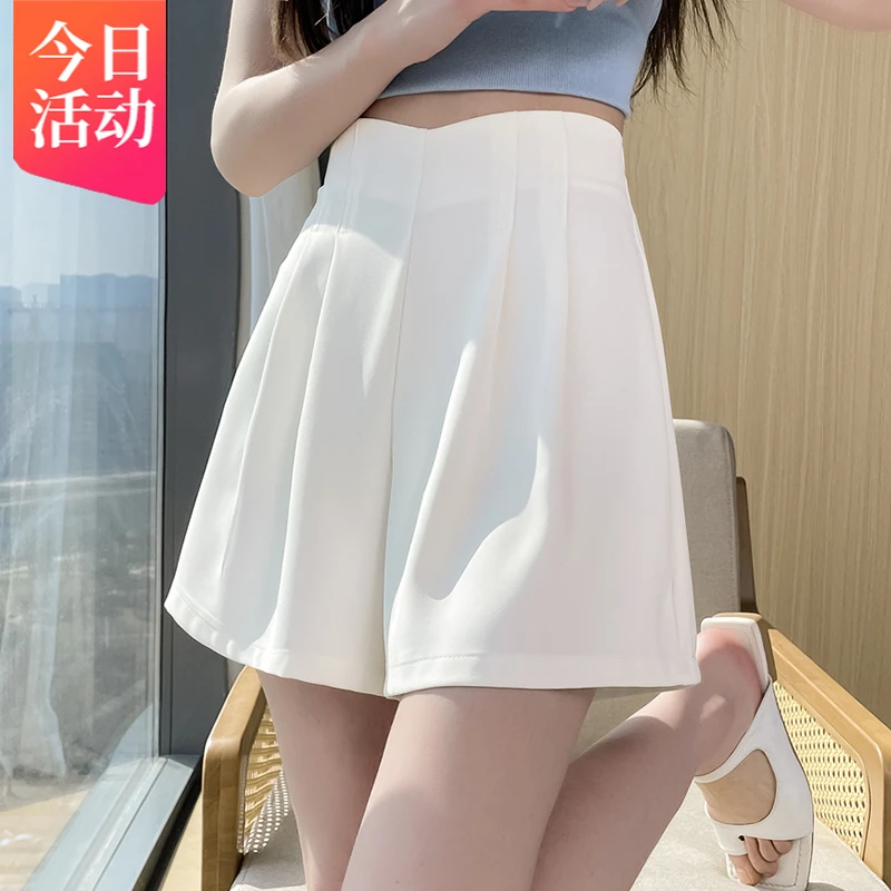 白色西装短裤女夏季薄款高腰2024新款宽松百褶雪纺冰丝阔腿五分裤
