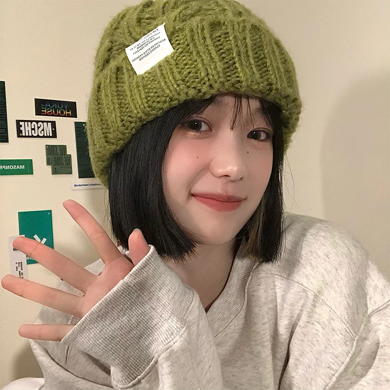 帽子女粗针织毛线帽秋冬季百搭大头围绿色宽松ins潮显脸小针织帽