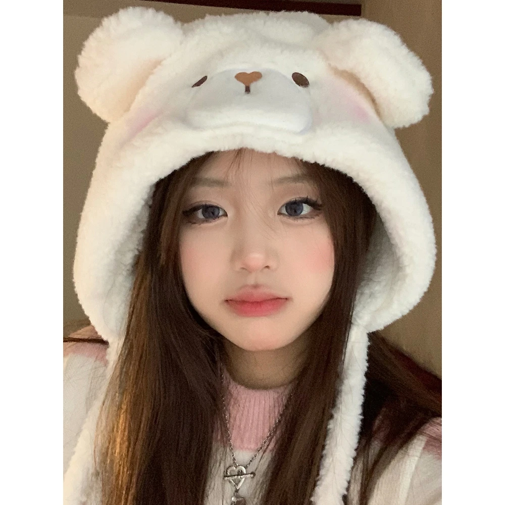 可爱腮红小熊帽子女秋冬季加厚保暖毛绒护耳朵套头帽羊羔毛雷锋帽