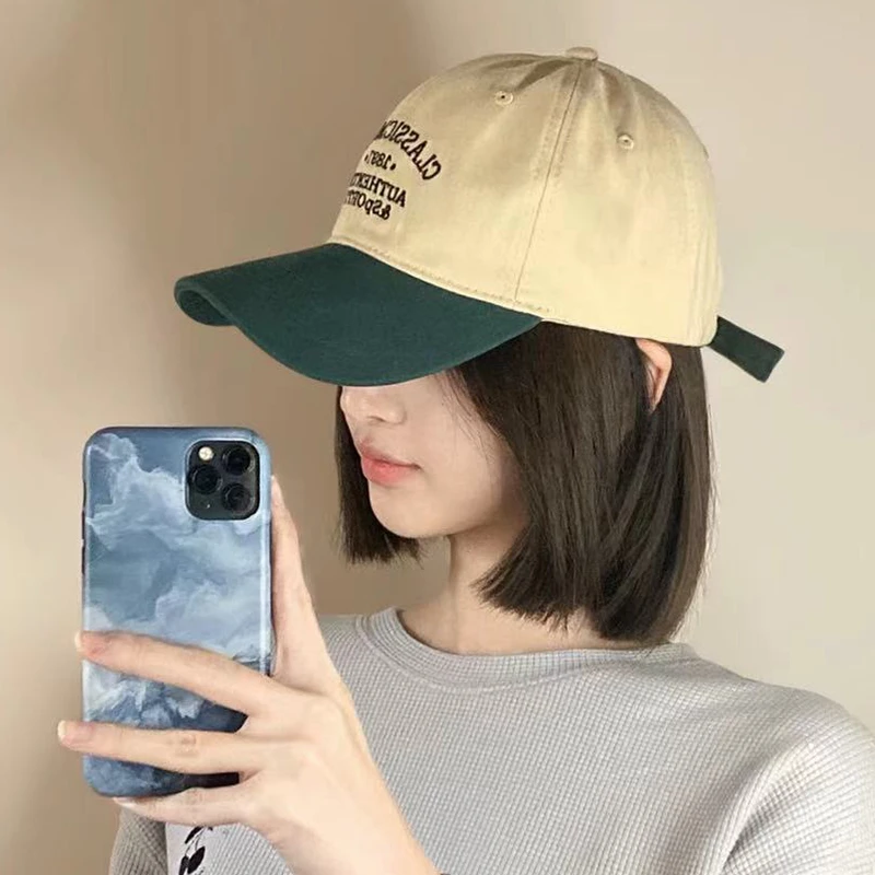 绿色棒球帽鸭舌帽女款2024新款夏帽檐双色拼接休闲字母帽子软顶韩