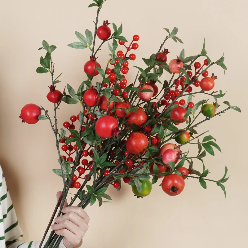 仿真石榴枝花艺摆件红果枝发财果柿子枝假花玄关客厅装饰高档花束