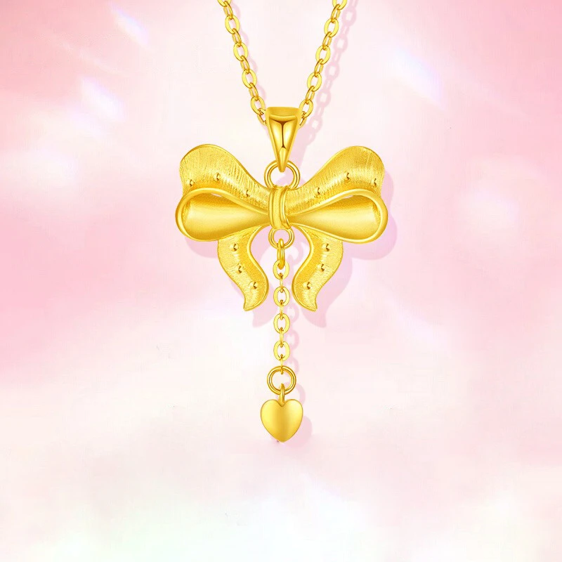 999足金吊坠黄金蝴蝶结项链纯金挂坠锁骨链七夕礼物女友 生日礼物