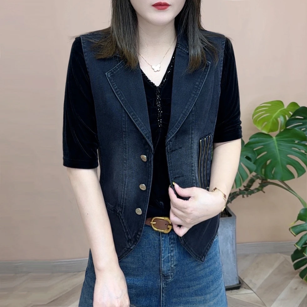 2025春季新品时尚百搭款休闲气质简约女士无袖牛仔马甲上衣7576