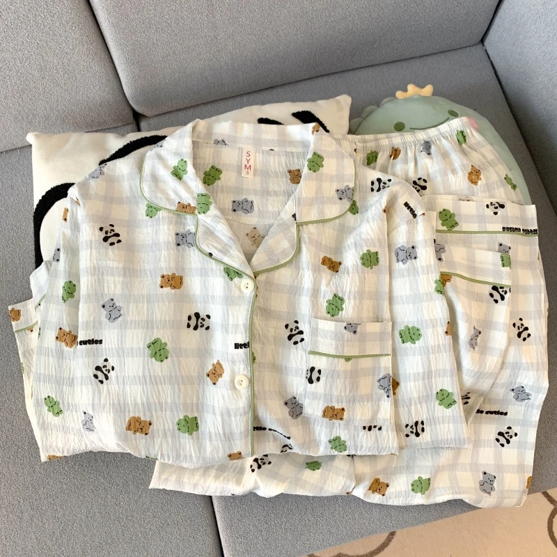 长袖睡衣女卡通小熊格子春秋家居服可外穿学生套装青蛙宽松大码