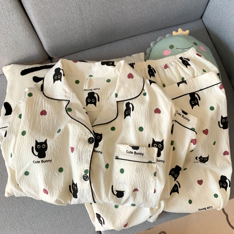 日系小黑猫春秋季睡衣女卡通长袖两件套宽松大码家居服可外穿套装
