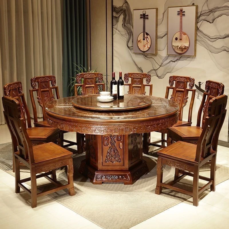 实木餐桌椅餐桌组合转盘橡木仿古雕花餐桌椅中式圆桌家用古典桌子