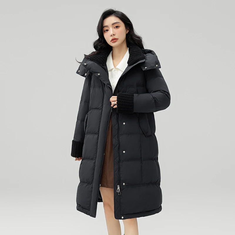 24年冬季女士冬季保暖时尚中长款毛绒拼接连帽显瘦防风羽绒服