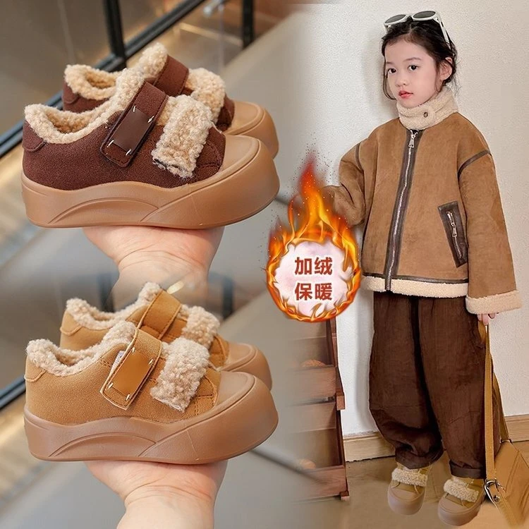 女童鞋子2024秋冬新款复古儿童德训鞋加棉男童软底面包鞋加绒板鞋