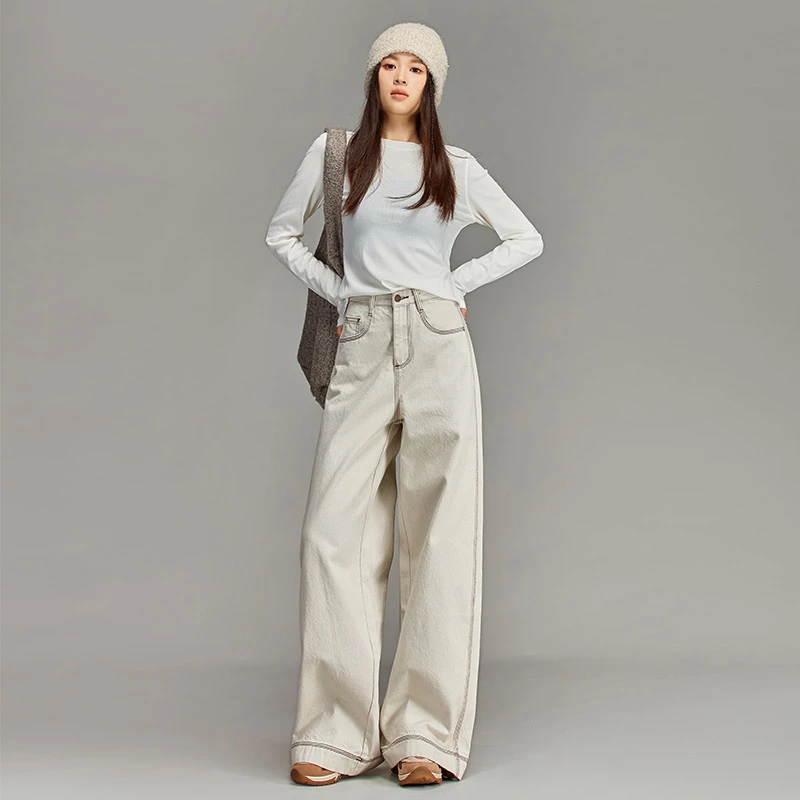 秋冬新款阔腿牛仔裤女高腰垂感宽松显瘦高街风海贝色素版直筒裤