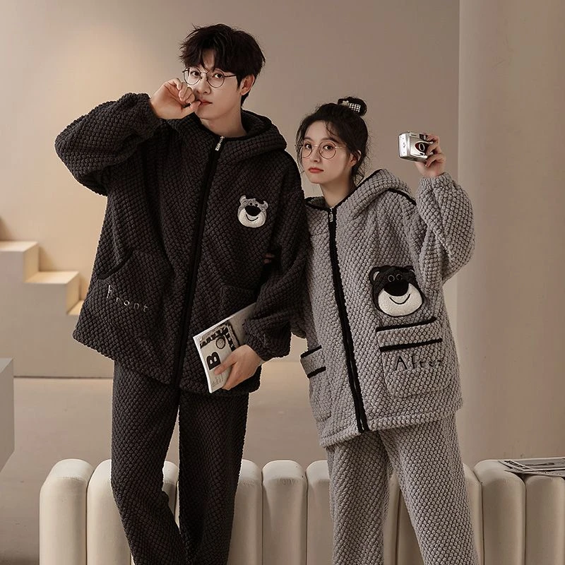 2024年新款情侣睡衣女款秋冬季加厚加绒珊瑚绒男士连帽套装家居服