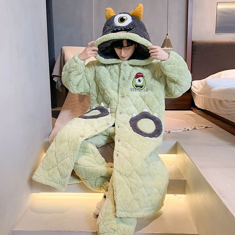 男士睡衣三层夹棉冬季加厚加绒长款睡袍卡通男生珊瑚绒冬天家居服