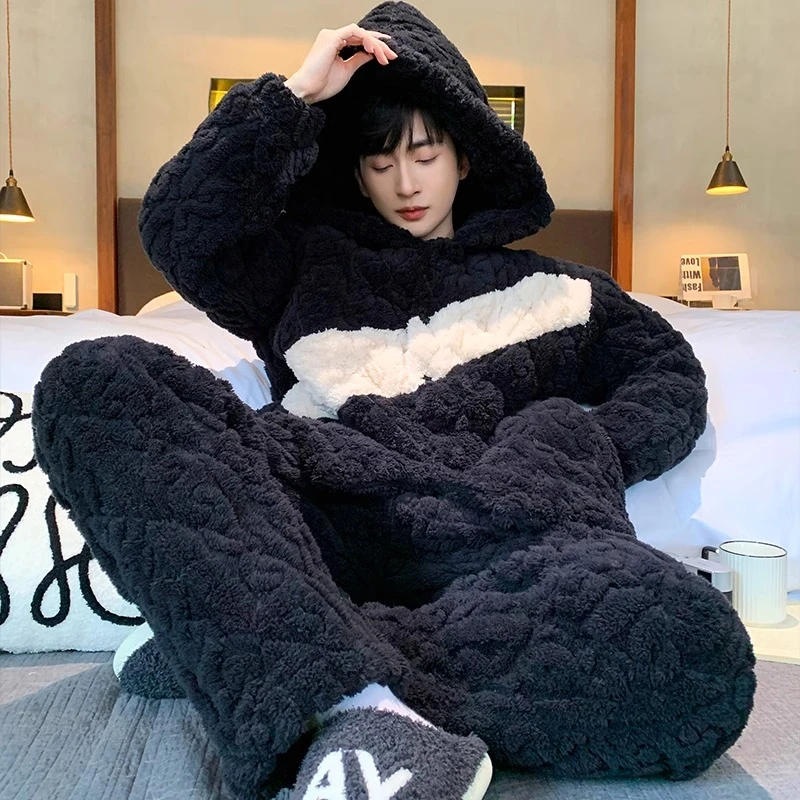 24新款睡衣男士冬款冬季加绒加厚珊瑚绒三层夹棉秋冬天连帽家居服