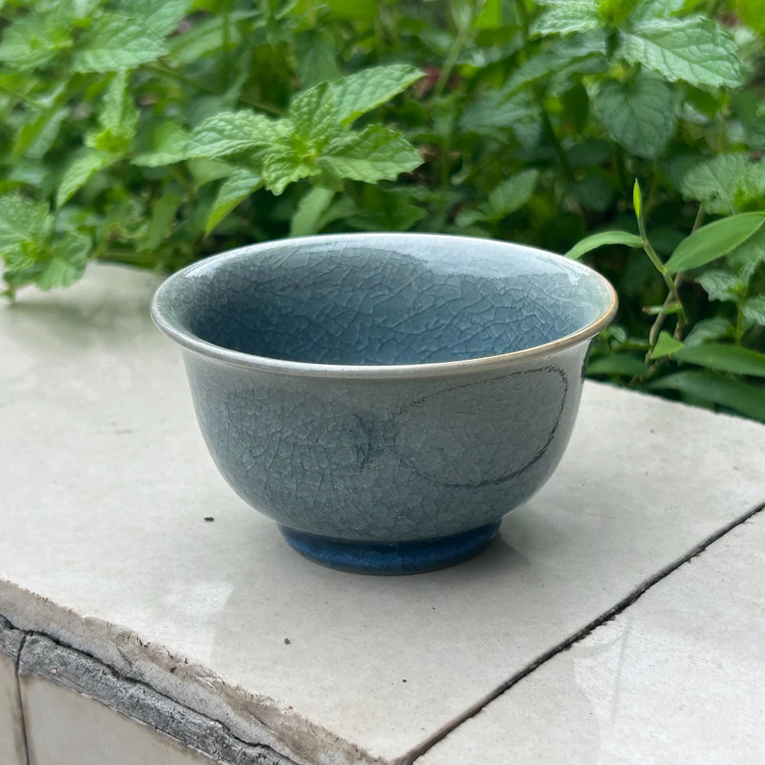 微瑕永乐压手杯仿北宋天蓝釉晨星曦原泥胎原矿釉支钉烧全手工汝窑