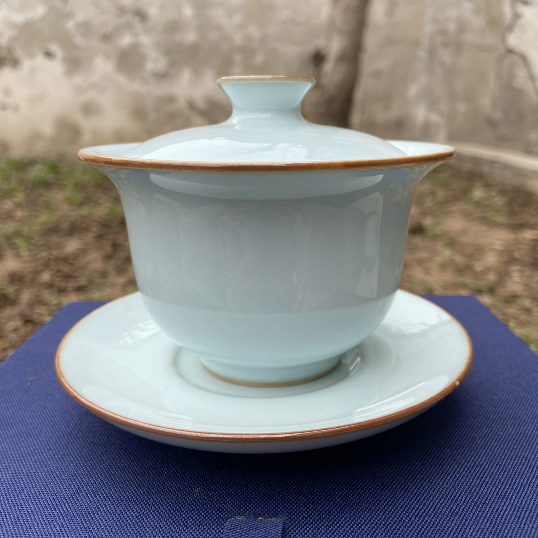 月白三才元宝盖碗150CC纯手拉赵琳底款