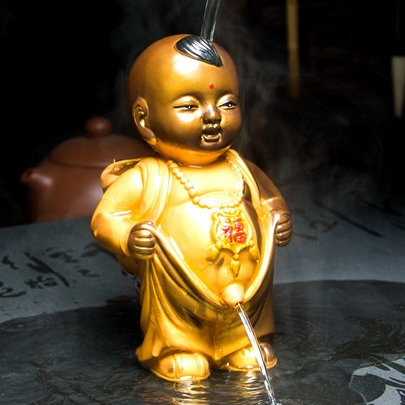 树脂变色摆件创意尿童茶具配件紫砂小和尚个性喷水小孩茶玩