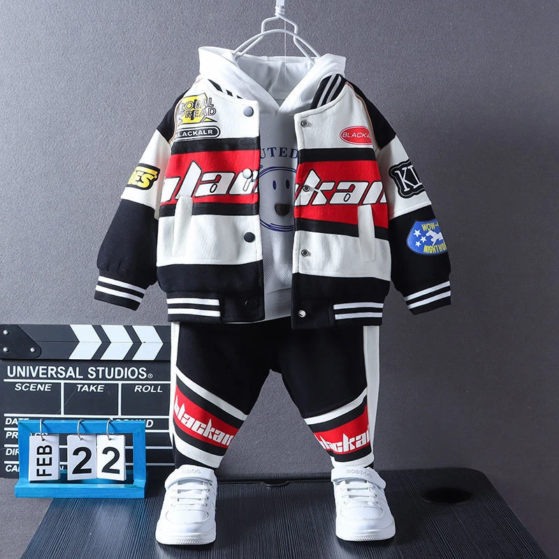 男童春秋装套装机车服加绒加厚外套男宝宝冬季两件套儿童痞帅潮酷