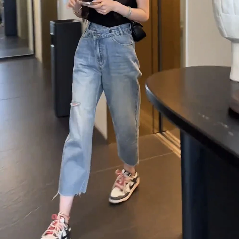 梨形显瘦大码女装破洞洋气哈伦老爹牛仔裤子女2025年夏季新款薄款