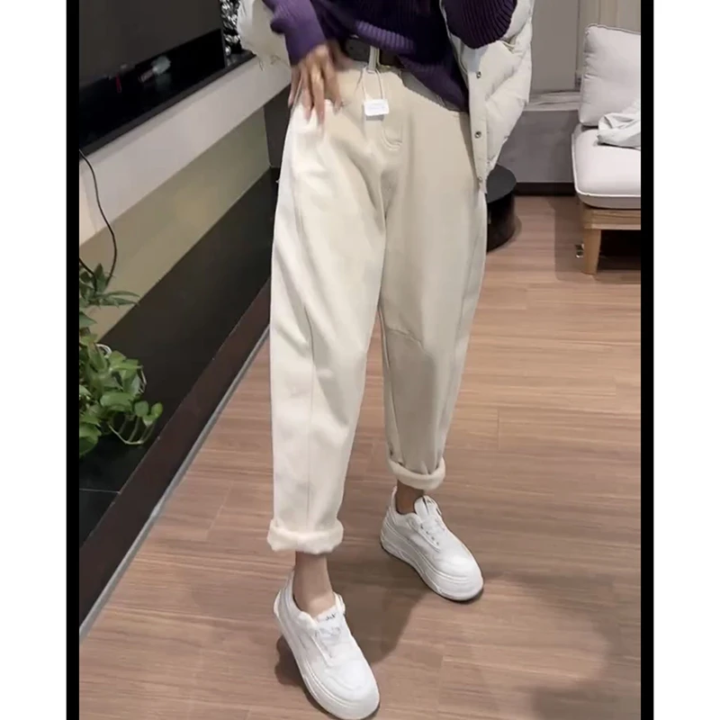 梨形显瘦大码加绒加厚哈伦老爹牛仔裤子女2025年秋冬季新款九分裤