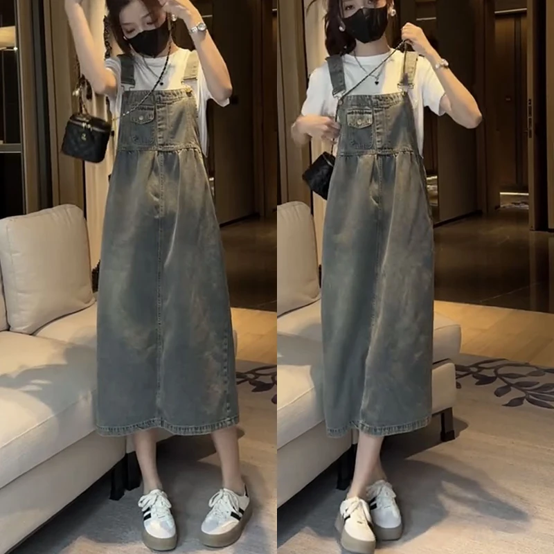 2024年夏季新款牛仔背带连衣裙大码时尚复古宽松显瘦中长款小个子