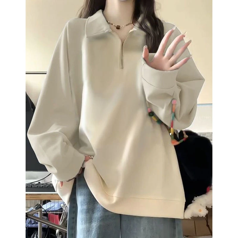 杏色polo领卫衣女春秋冬新款美拉德穿搭宽松加绒加厚长袖上衣外套