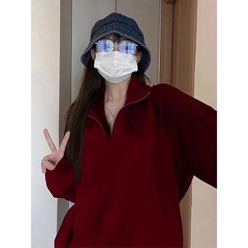 超好看酒红色半拉链卫衣女春秋冬宽松休闲加绒加厚polo领长袖上衣