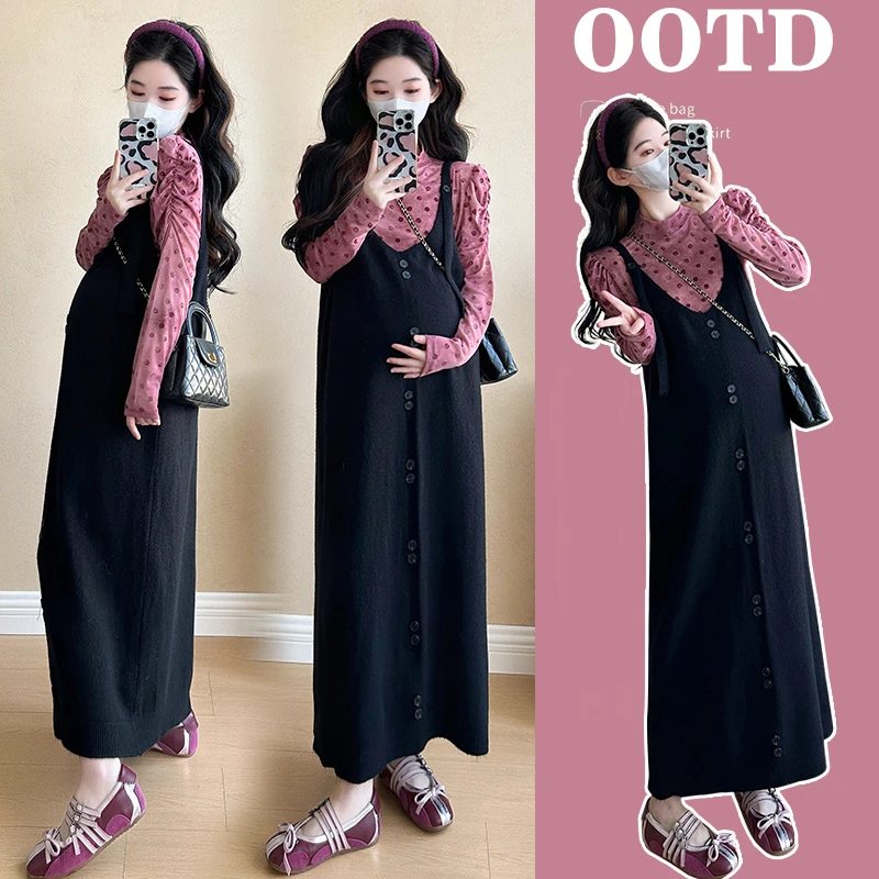 孕妇套装秋冬新款时尚韩版高级感舒适圆点打底上衣气质针织背带裙