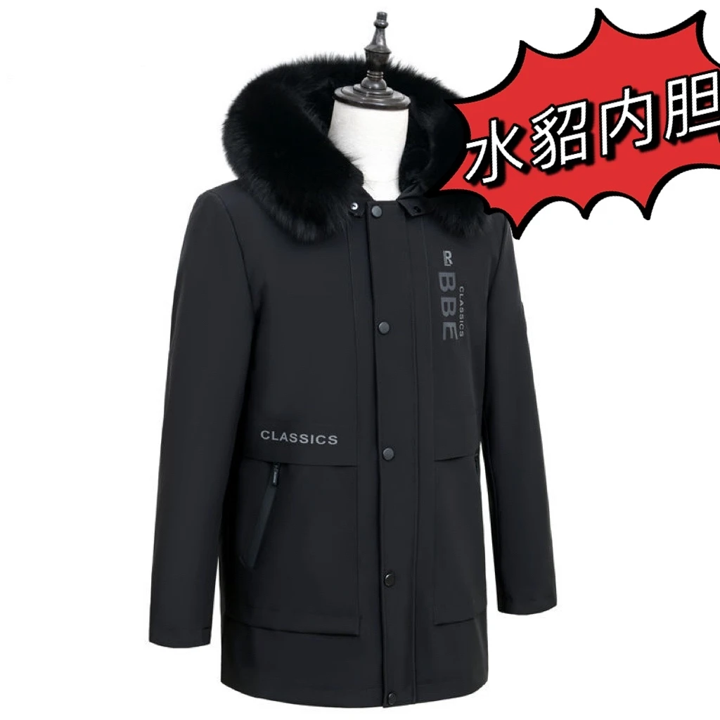 XB-男士中长款冬季水貂拼貂派克服连帽加厚冬季保暖大衣外套休闲