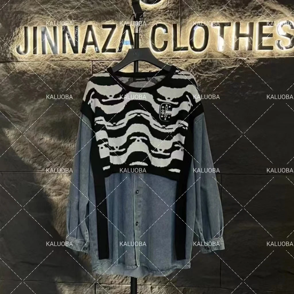 【原创设计师款女装】设计感纹路拼接时尚牛仔大码女装上衣2461#