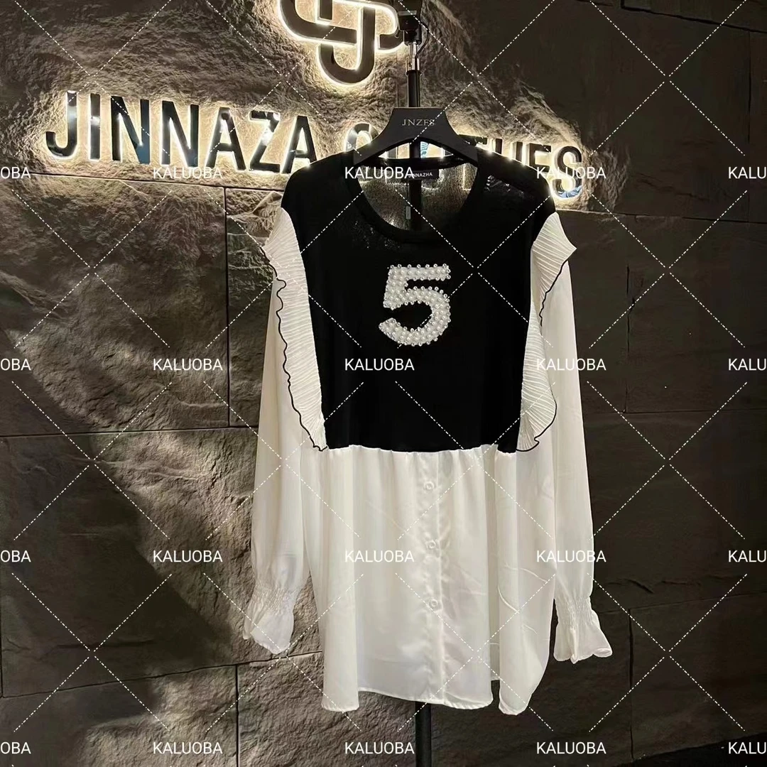 【原创设计师款女装】新款小众设计感钉珠拼接衬衫大码女装2540#