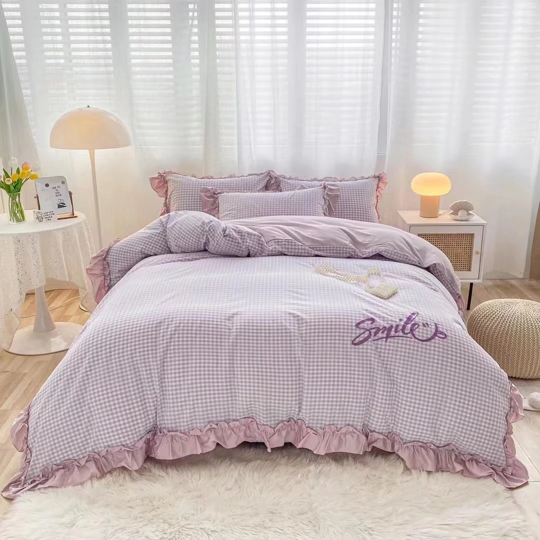 《梦蒂丝》韩版小清新ins风水洗棉匹马棉花边床单四件套
