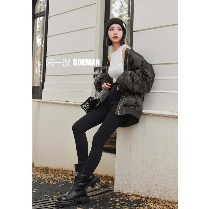 宋一漫【黑色】小脚裤 九分铅笔裤2024秋季新款弹力高腰黑色紧身裤
